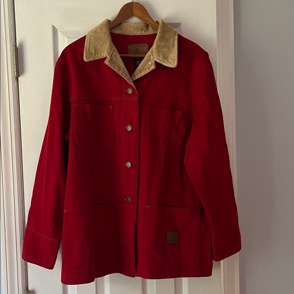 Red Lauren Jeans jacket with Tan Corduroy Collar Size L.
